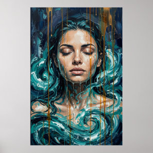 Poster Deusa Mística do Oceano Arte com Efeito de Gotejam
