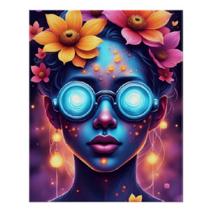 Pôster Deusa Neon Flower - Retrato Fantástico Futuro