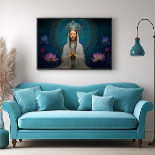 Poster Deusa Quan Yin Azul Abstrato Geométrico Floral