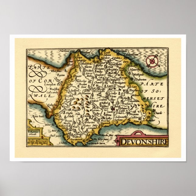 Pôster Devonshire County Map, Inglaterra (Frente)