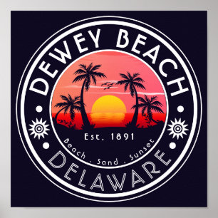 Poster Dewey Beach Delaware Sunset Beach Palm Tree 80s