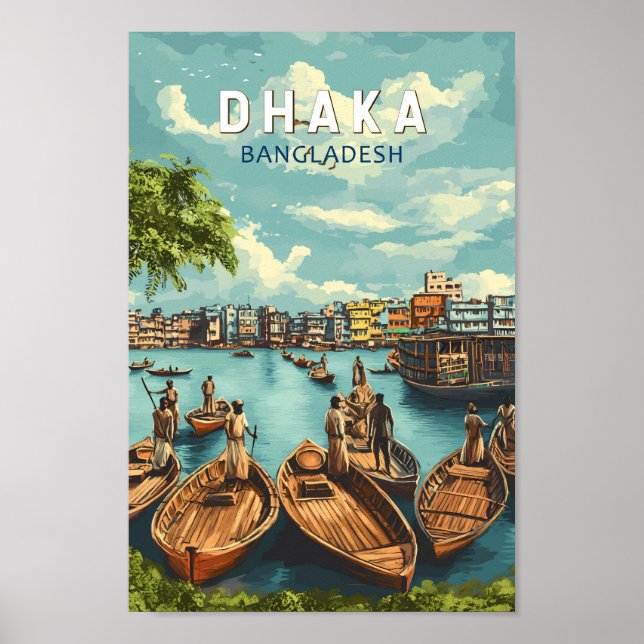 Poster Dhaka Bangladesh Illustration Viagem Art Vintage (Frente)