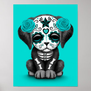 Poster Dia azul bonito do cão de filhote de cachorro