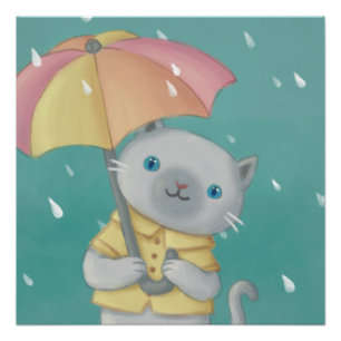 Pôster Dia chuvoso: Ilustração de Cat & Umbrella
