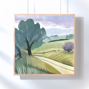 Poster Dia Chuvoso   Paisagem de Colinas Aquarela Naturez