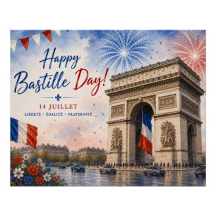 Pôster dia da Bastilha Arco do triunfo Paris França fogo