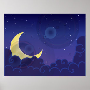 Poster Dia da noite, lua, azul-da-noite