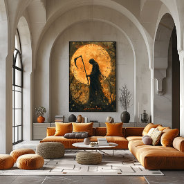 Poster Dia das Bruxas de Grim Reaper com Lua Cheia e Scyt