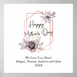 Poster Dia das Mães Elegante Cinza Rosa Floral Personaliz