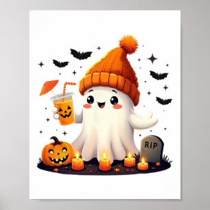Poster Dia de as Bruxas engraçado Ghost Ghost Gice Coffee