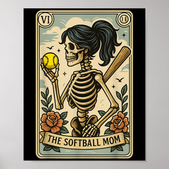 Poster Dia de as Bruxas engraçado Softball Mamãe Skeleton (Frente)