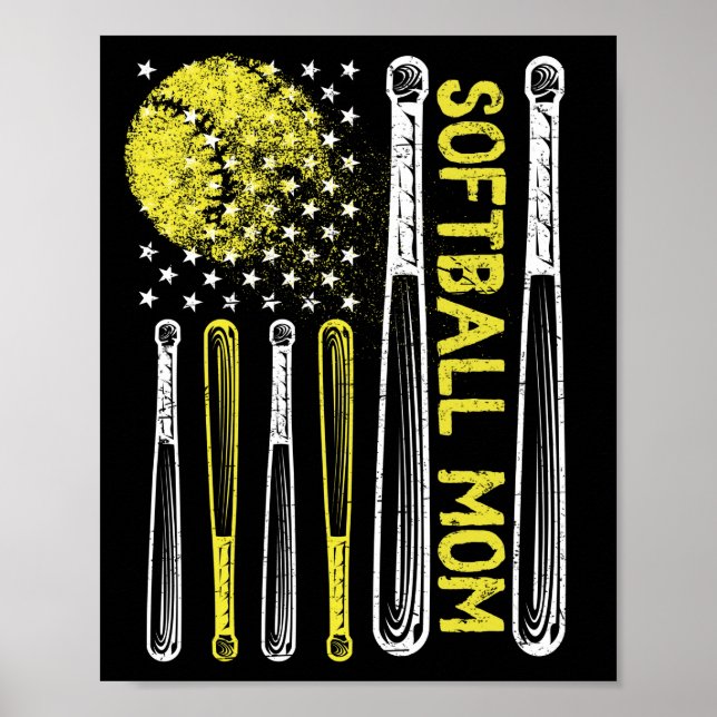 Poster Dia de as mães Mãe de Softball American Flag Vinta (Frente)
