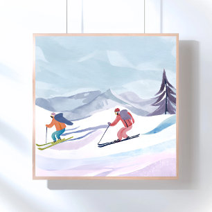 Poster Dia de Esqui Montanha de Inverno em Aquarela