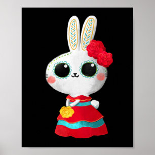 Poster Dia De Los Muertos Bonito Bunny Vermelho Vestido M