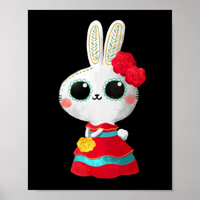 Poster Dia De Los Muertos Bonito Bunny Vermelho Vestido M (Frente)
