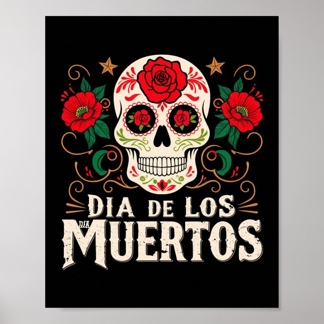 Poster Dia de los muertos crânio e flores (Frente)