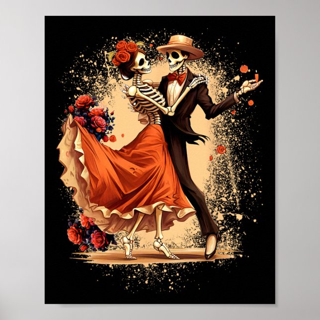 Poster Dia De Los Muertos Skeletons Dançando Dia Mexicano (Frente)