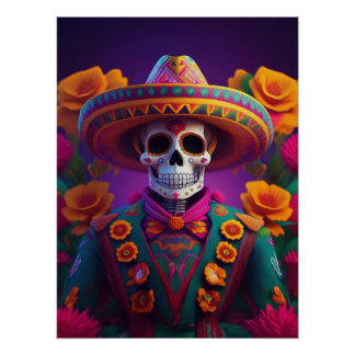Pôster Día de los Muertos: Vibrant Sugar Skull Mariachi