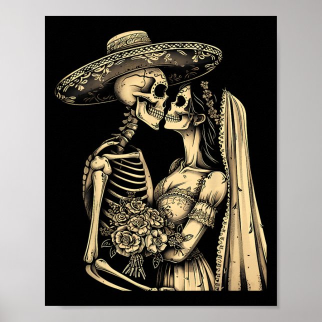 Poster Dia De Muertos Sugar Skull Casal Skeleton Bride W (Frente)