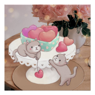 Pôster Dia de os namorados: Gatos, Cookies Cardíacos E Fl