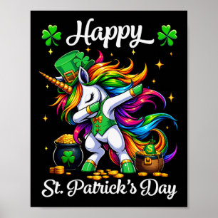 Poster Dia de São Patrício Dabbing Unicórnio Garotas Feli