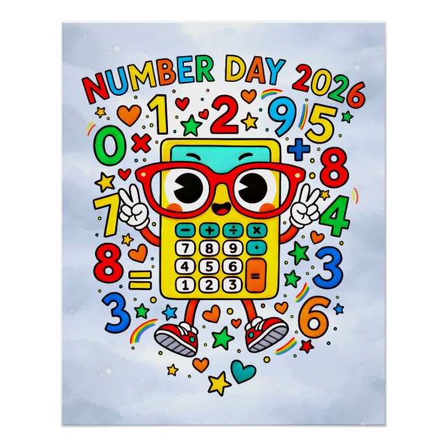 Pôster Dia do Número 2026 Adesivo de Matemática Fofo para (Frente)