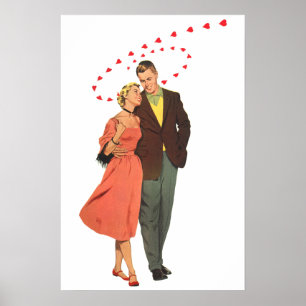 Poster Dia dos Namorados Vintage, Corações Flutuantes Rom