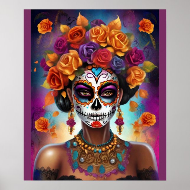 Poster Dia Mexicano da Menina do Crânio do Açúcar Morta (Frente)