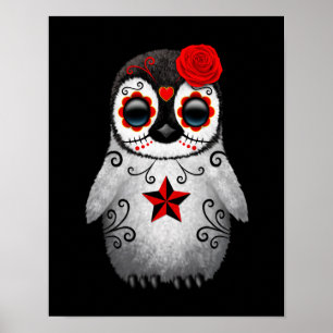 Poster Dia Vermelho do Crânio do Açúcar Morto Pinguim Neg