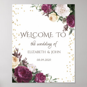 Poster Diamantes Dourados Borgonha Floral Salve A Data