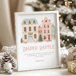 Poster Diaper raffle Christmas village Pink Baby Shower