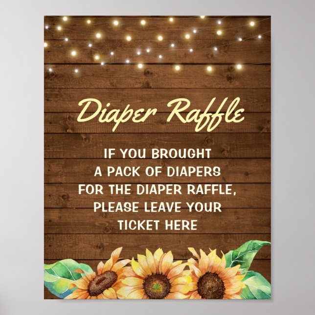 Poster Diaper Raffle Rustic Yellow Sunflower Baby Shower (Frente)