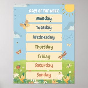 Poster Dias da Semana da Primavera em Inglês Sala de Aul