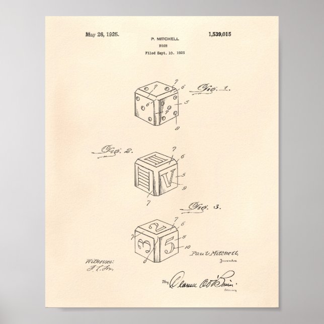 Pôster Dice 1925 Patent Art Old Peper (Frente)