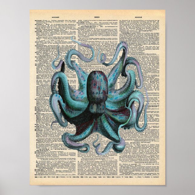 Poster Dicionário Vintage Art Azul Oceano Octopus (Frente)