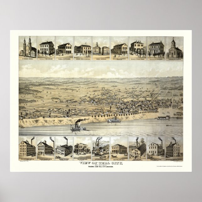 Pôster Diga a Cidade, no Mapa Panorâmico - 1870 (Frente)