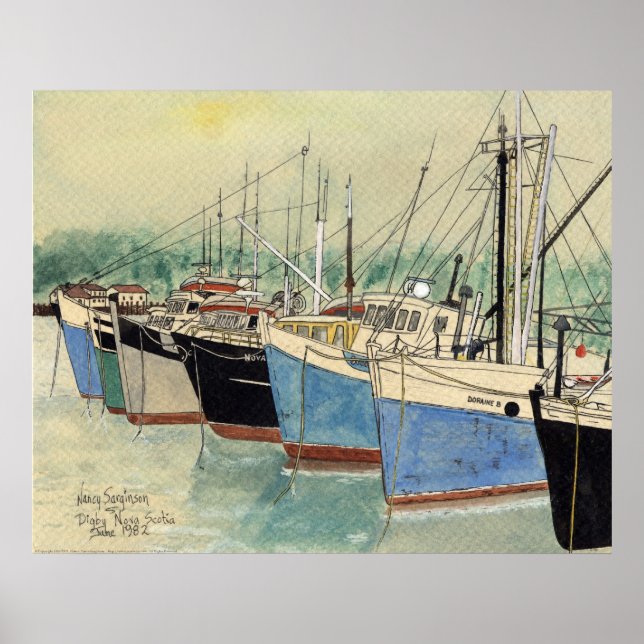 Poster Digby, Nova Escócia, Barcos De Pesca, Aquarela (Frente)