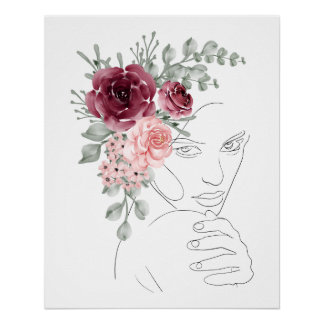 Pôster digital product woman line art red flowers