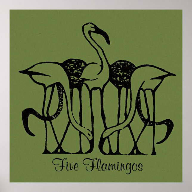 Poster Dijsselhof - Cinco Flamingos, belas artes, (Frente)