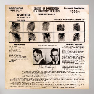 POSTER DILLINGER FINGERPRINT CLASSIFICATION CARTÃO 1934