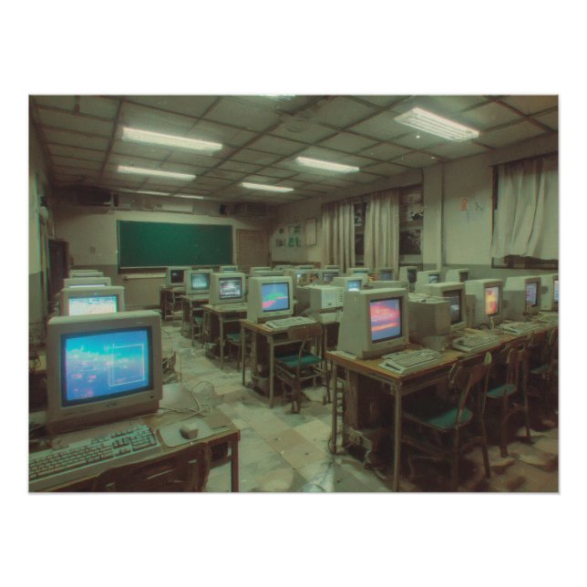 Pôster Dimly Lit Retro Computer Lab with CRT Screens (Frente)