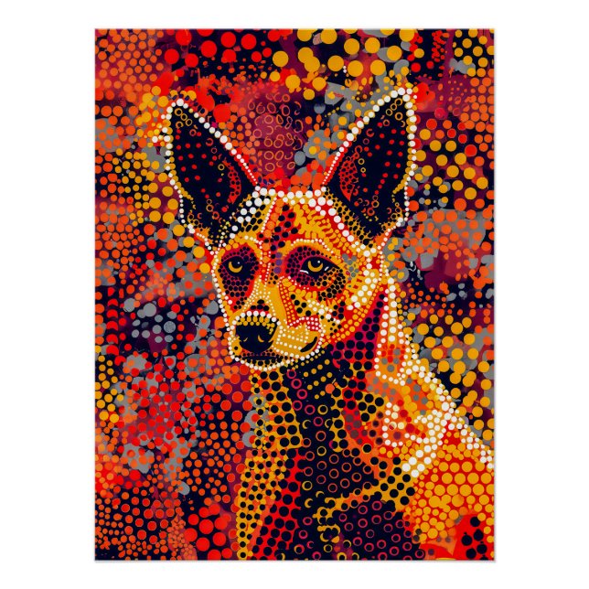Pôster Dingo no Estilo de Arte Ponto Aborigine (Frente)