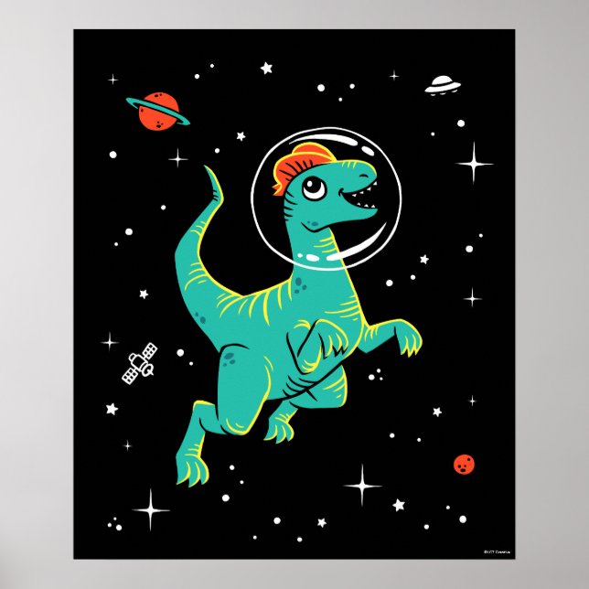 Poster Dinos Do Teal E Do Dilophossauro Laranja No Espaço (Frente)