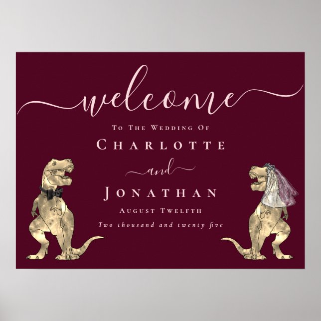 Poster Dinosaur Burgundy Blush Pink Wedding Welcome (Frente)