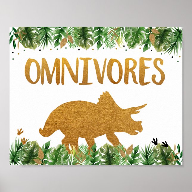 Poster Dinosaur Greenery Gold Omnivores Birthday Sign (Frente)