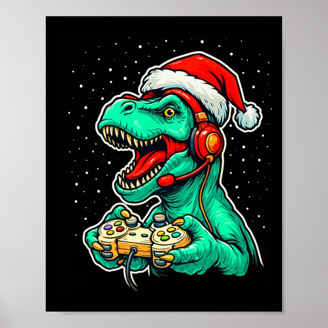 Poster Dinosaur T Rex Playing Video Game Santa Hat Christ (Frente)