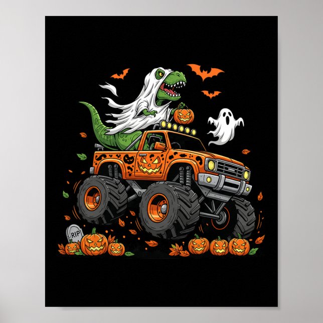 Poster Dinosaur T-rex Riding Monster Truck Halloween Men  (Frente)