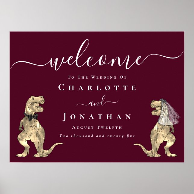 Poster Dinosaur Theme Burgundy Wine Wedding Welcome (Frente)
