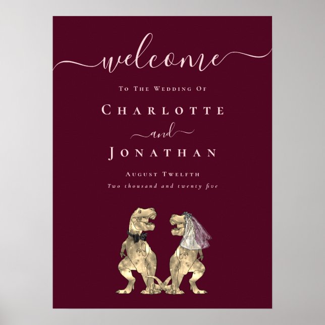 Poster Dinosaur Wedding Welcome Burgundy Wine Blush Pink (Frente)