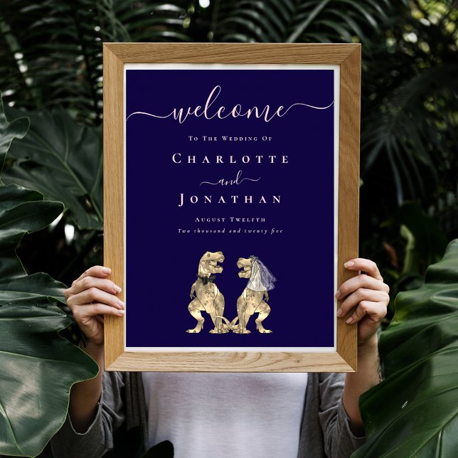Poster Dinosaur Wedding Welcome Navy Blue Blush Pink (Elegant script Dinosaur themed navy blue blush pink wedding welcome sign funny T-Rex bride and groom)